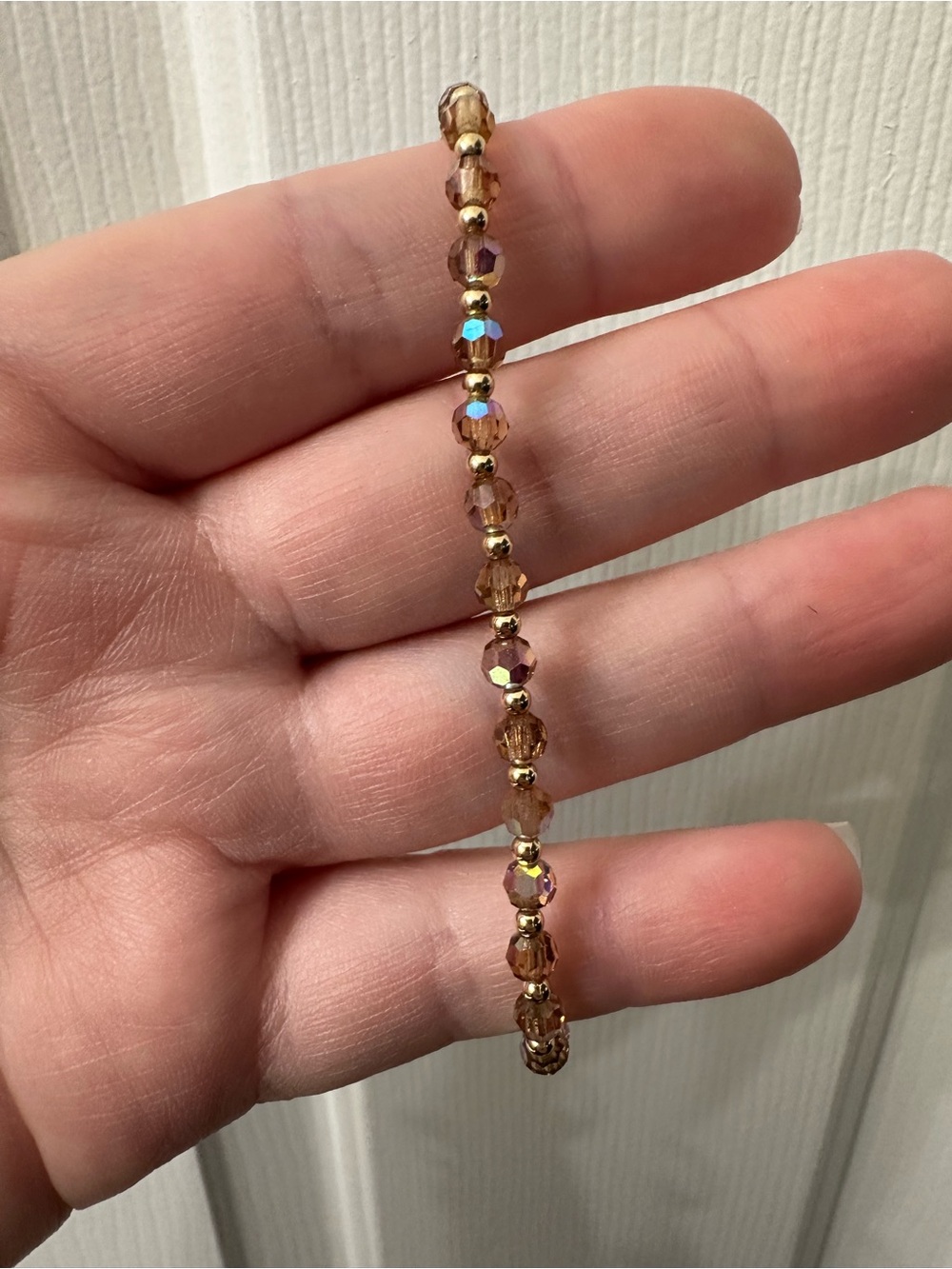 Czech Glass Bracelet Gold-Filled Spacer Beads Amber Brown Beads Stretchy 8”